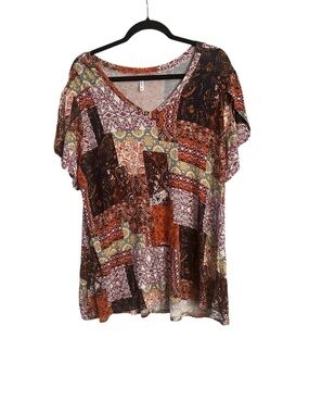 NWOT Cathy Burgundy Patchwork Print V Neck Top Size 2XL